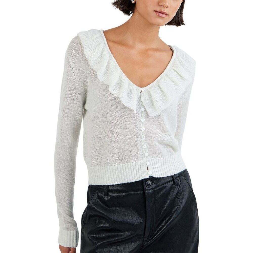 Bella Dahl Womens  V-Neck Ruffle Wool-Blend Cardigan